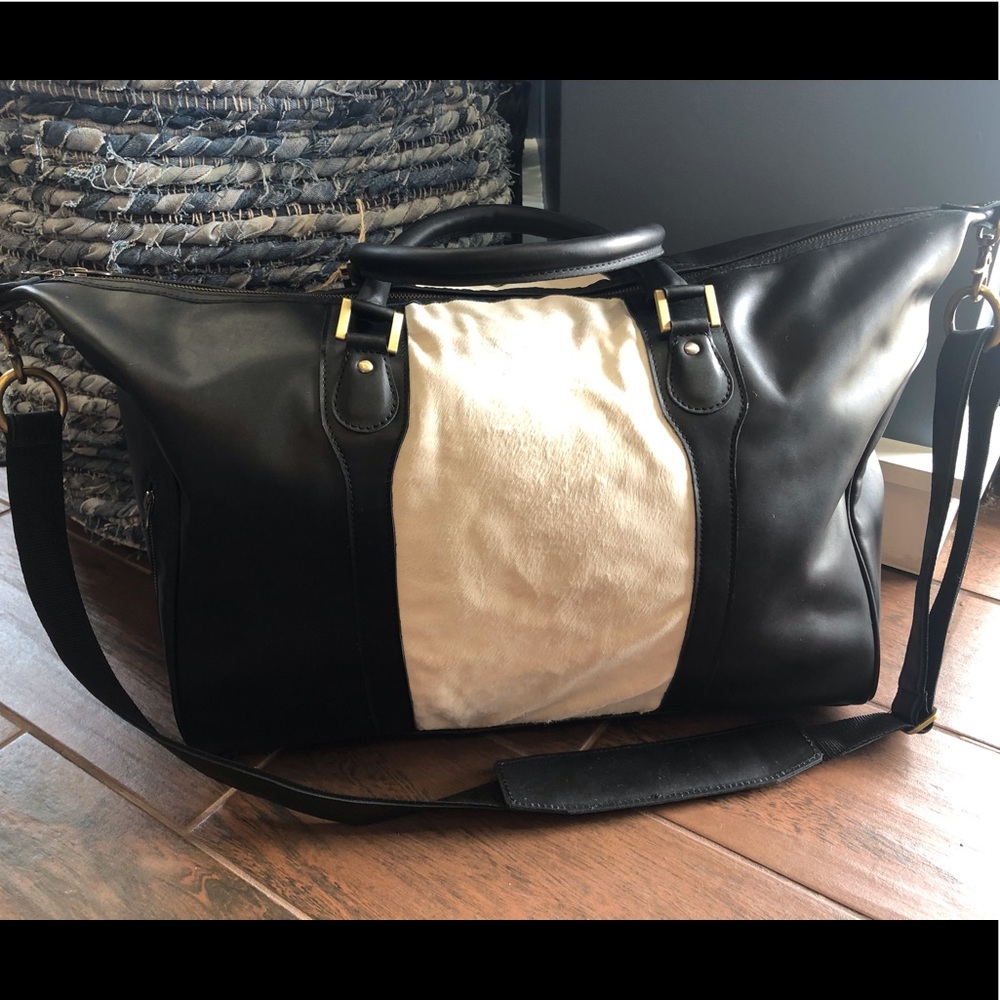 Black Leather travel bag white weekender NWT